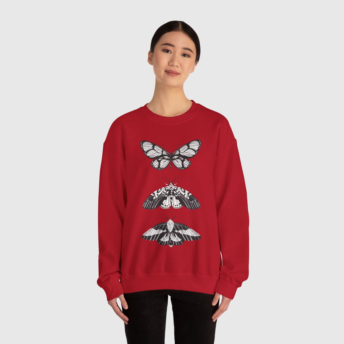 B & W Butterfly Crewneck Product Pic Cherry Red Model