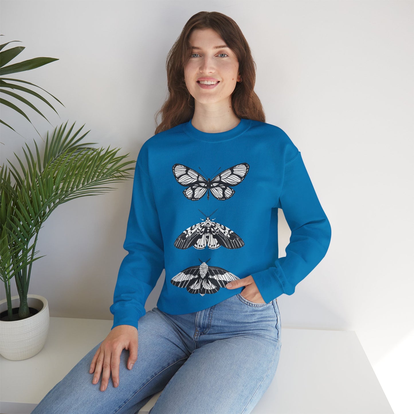B & W Butterfly Crewneck Product Pic Sapphire Model