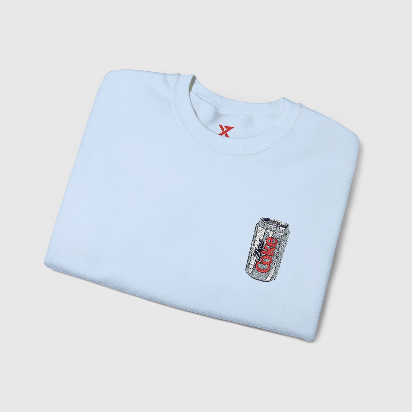 Diet Coke Embroidered Can Crewneck Folded Light Blue