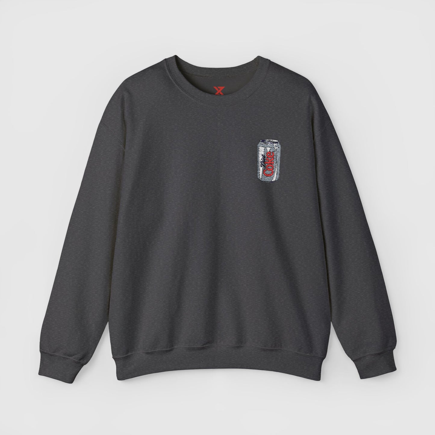 Diet Coke Embroidered Can Crewneck Front Dark Gray