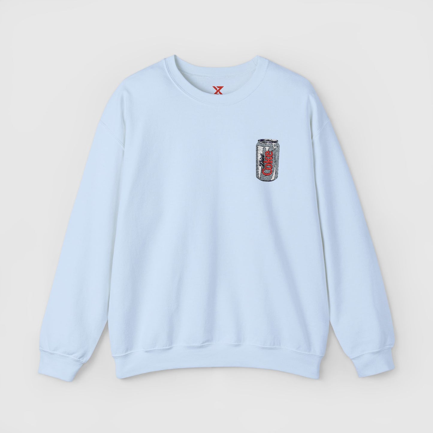 Diet Coke Embroidered Can Crewneck Front Light Blue