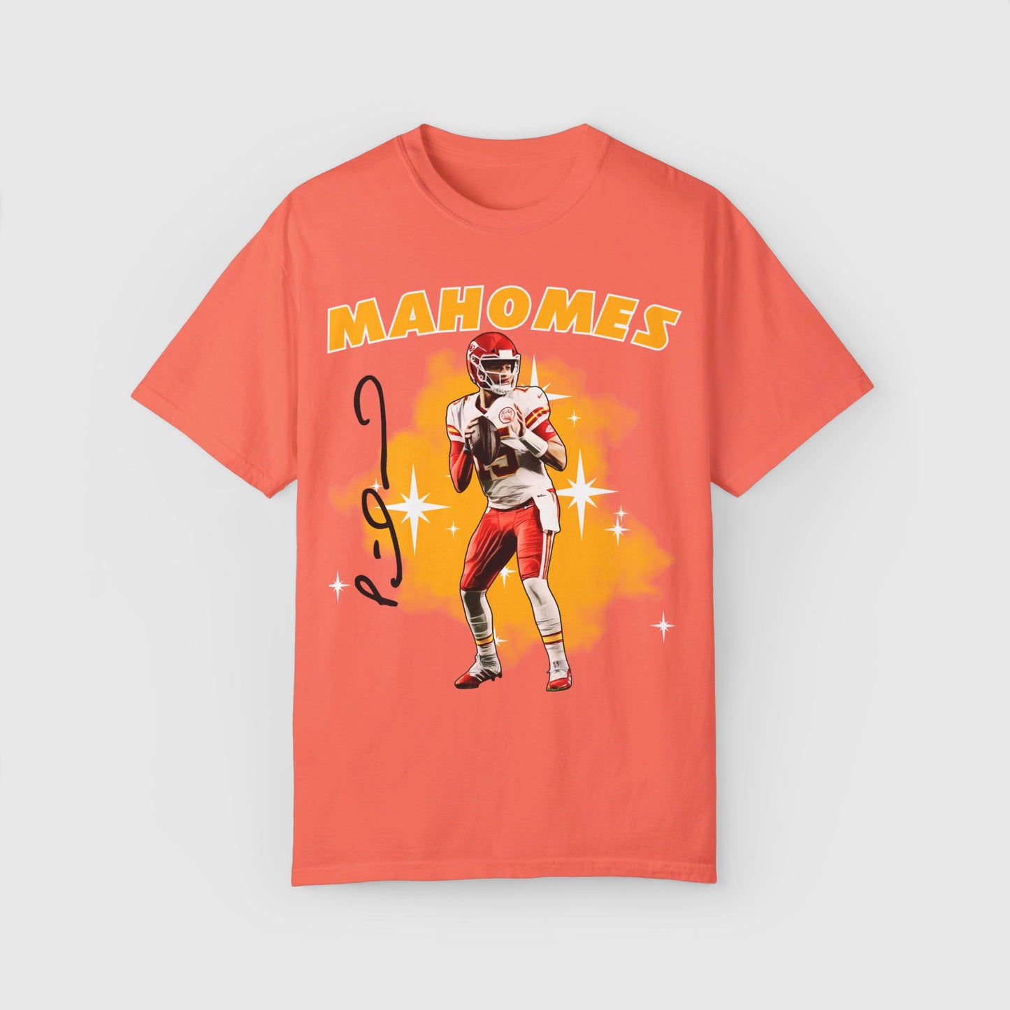 Mahomes Signature Ink Art Tee Product Pic Front Bright Salmon