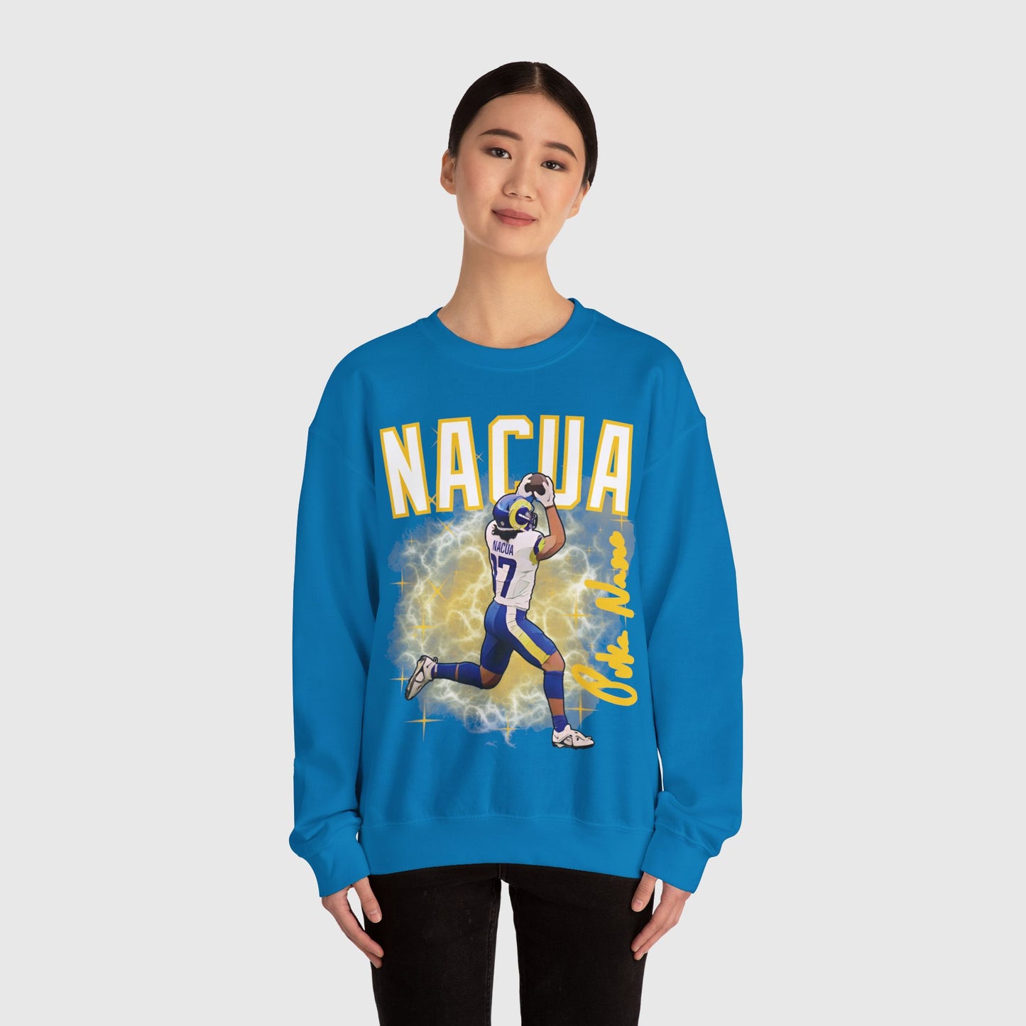 Puka Nacua Cartoon Sig Crewneck Product Pic Sapphire Female Model