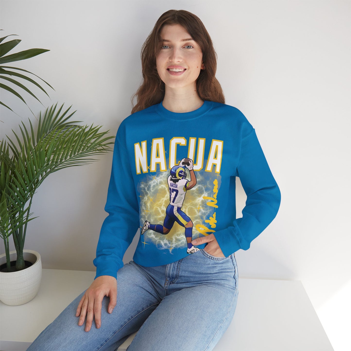 Puka Nacua Cartoon Sig Crewneck Product Pic Sapphire Female Model 2