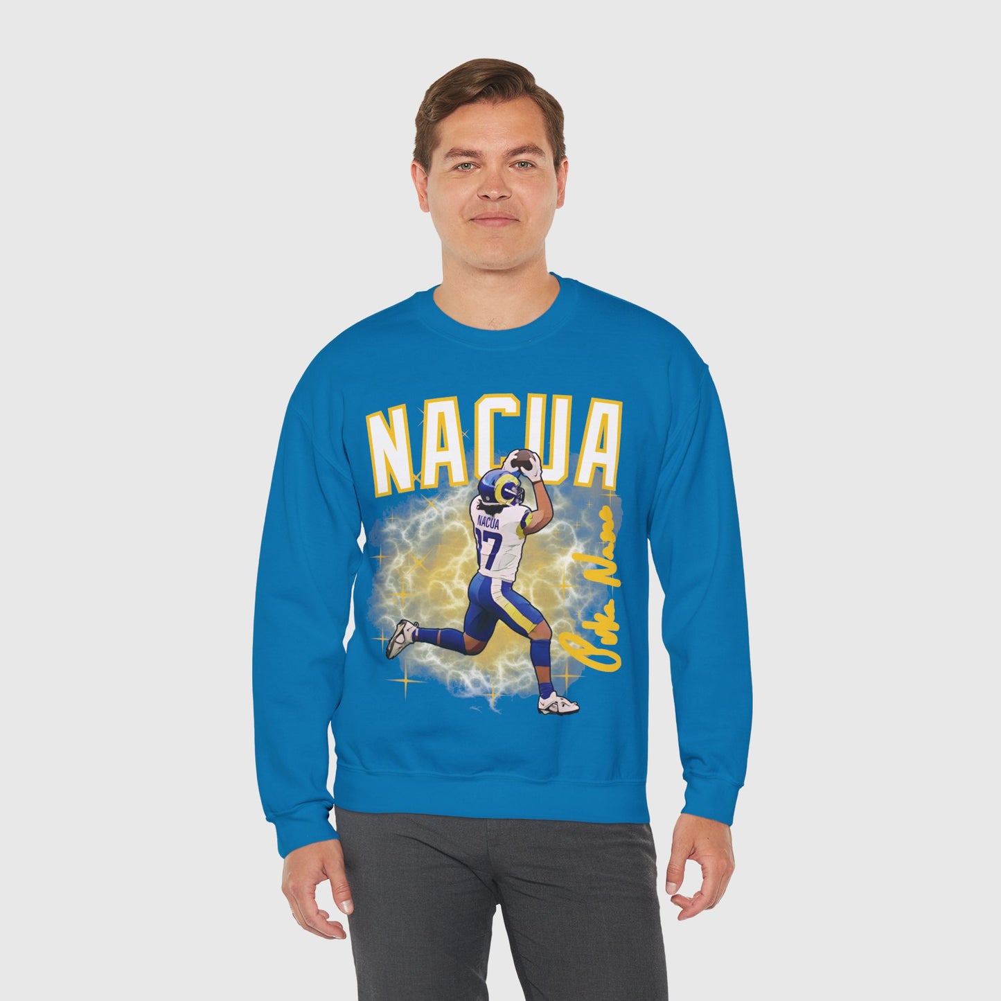 Puka Nacua Cartoon Sig Crewneck Product Pic Sapphire Male Model