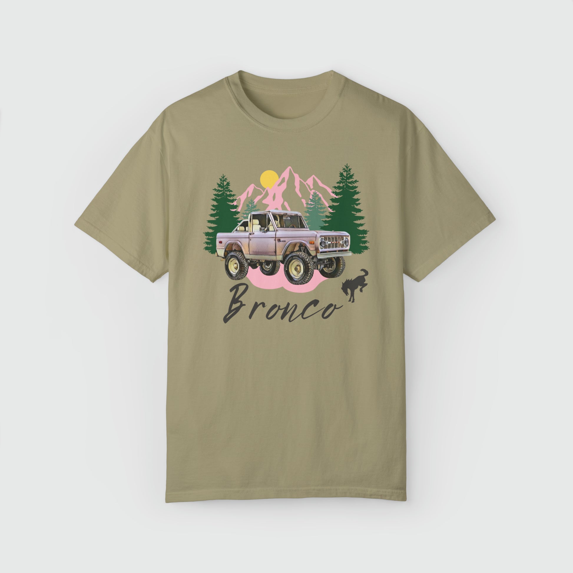 Ford Pink Bronco Vintage Tee Product Pic Front Khaki
