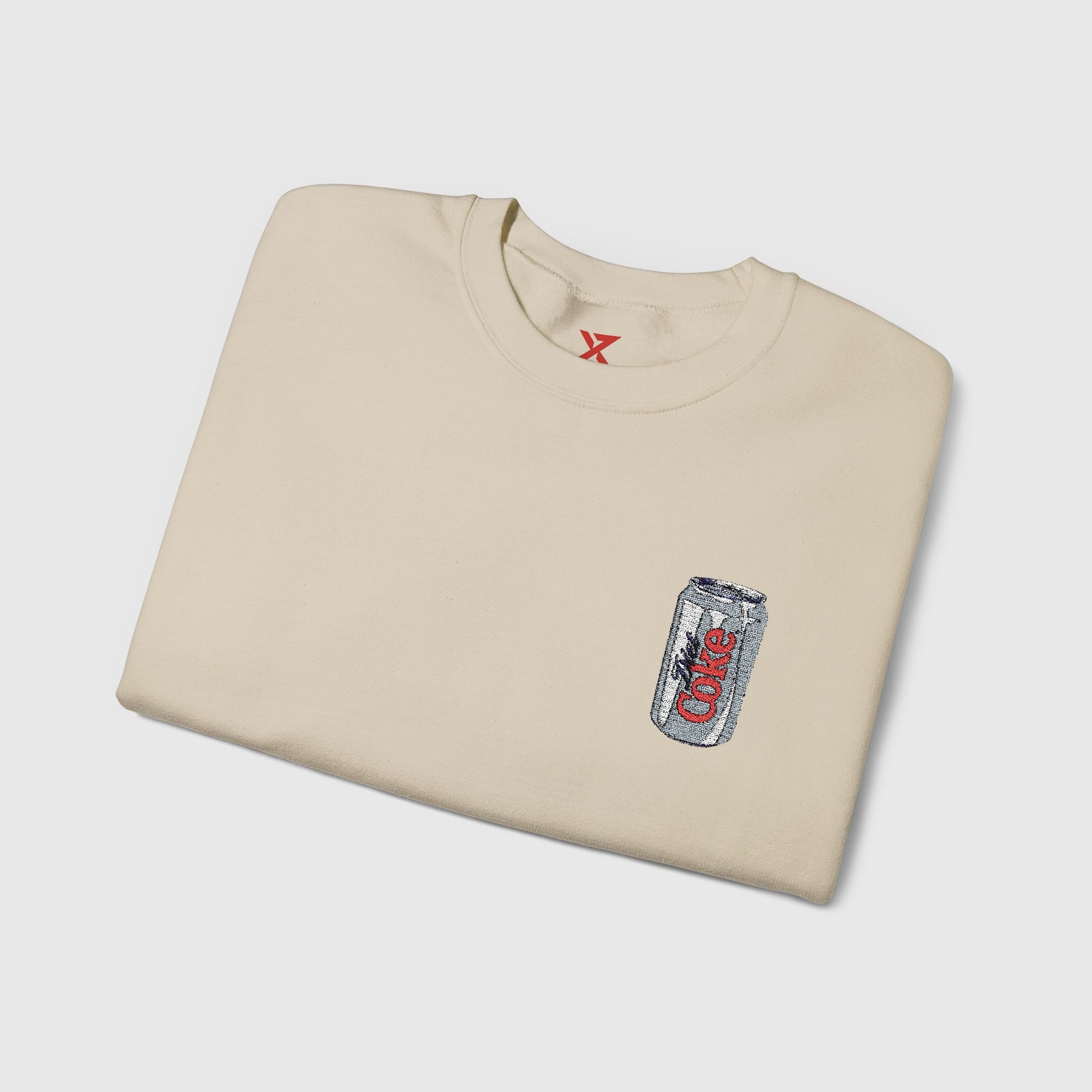Diet Coke Embroidered Can Crewneck Folded Sand