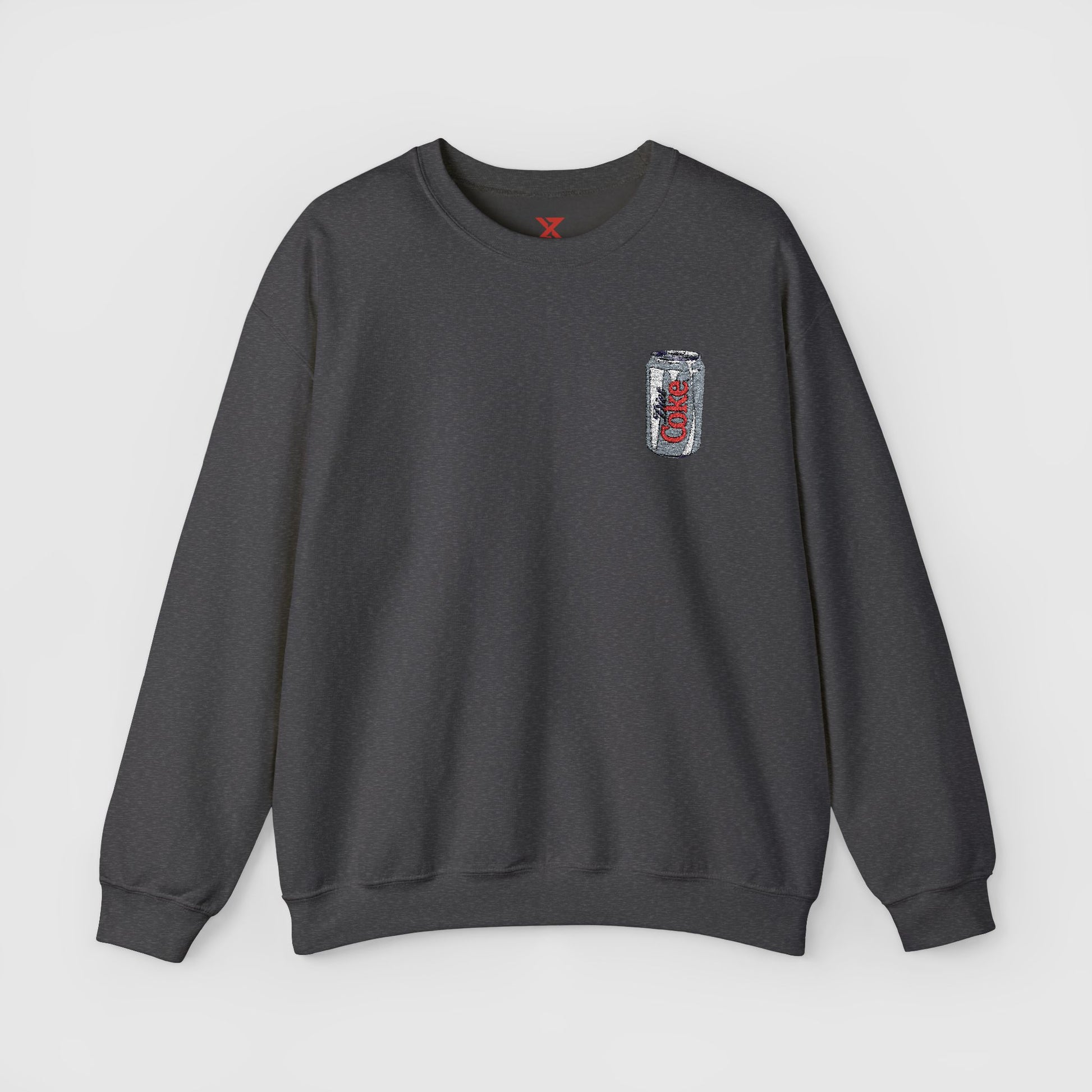Diet Coke Embroidered Can Crewneck Front Dark Gray