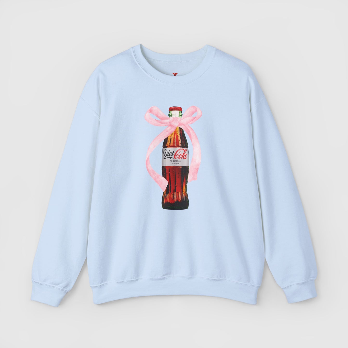 Diet Coke Pink Bow Crewneck Product Pic Front Light Blue