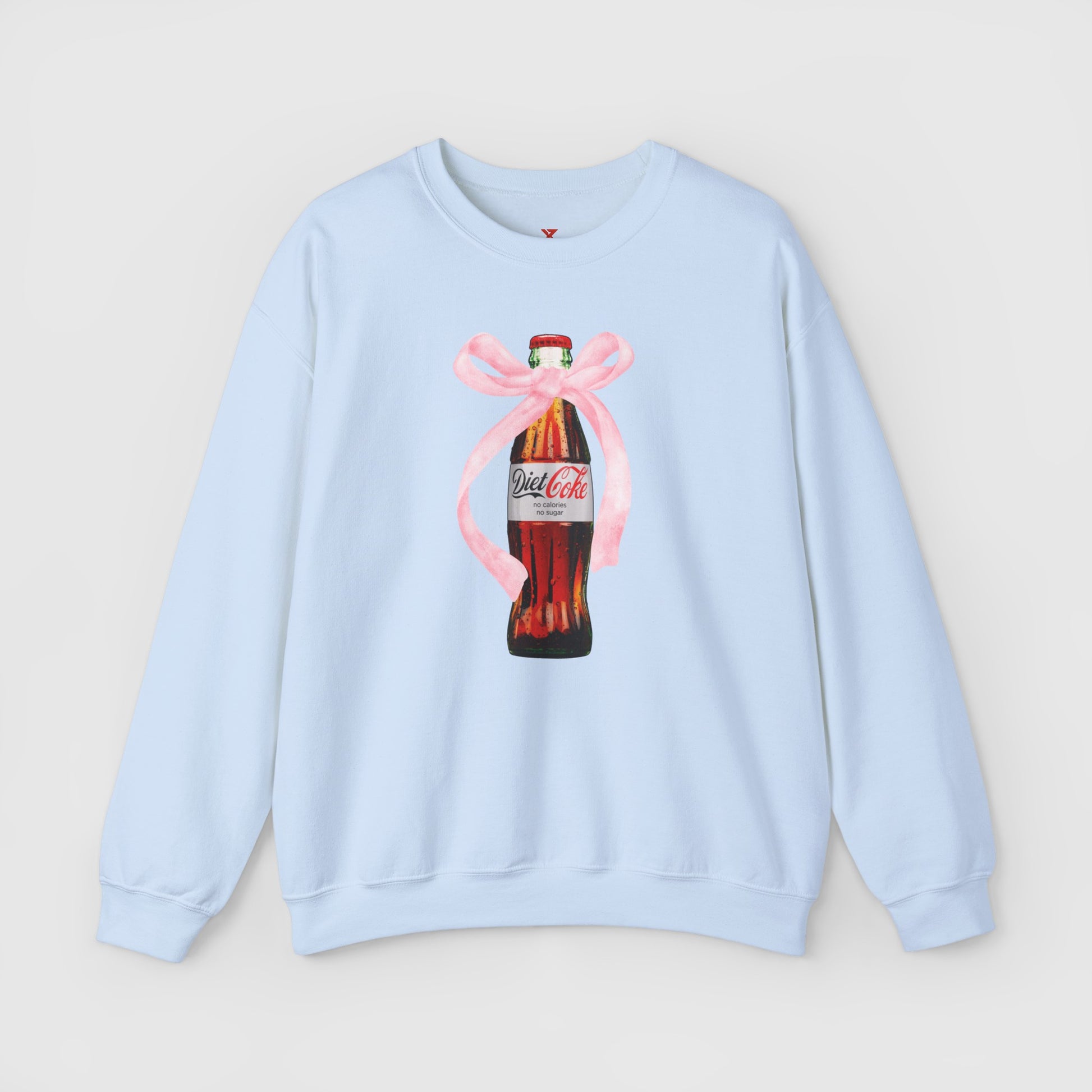 Diet Coke Pink Bow Crewneck Product Pic Front Light Blue