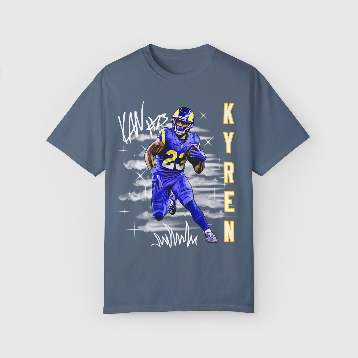 Kyren Williams Signature Ink Art Tee Product Pic Front Blue Jean