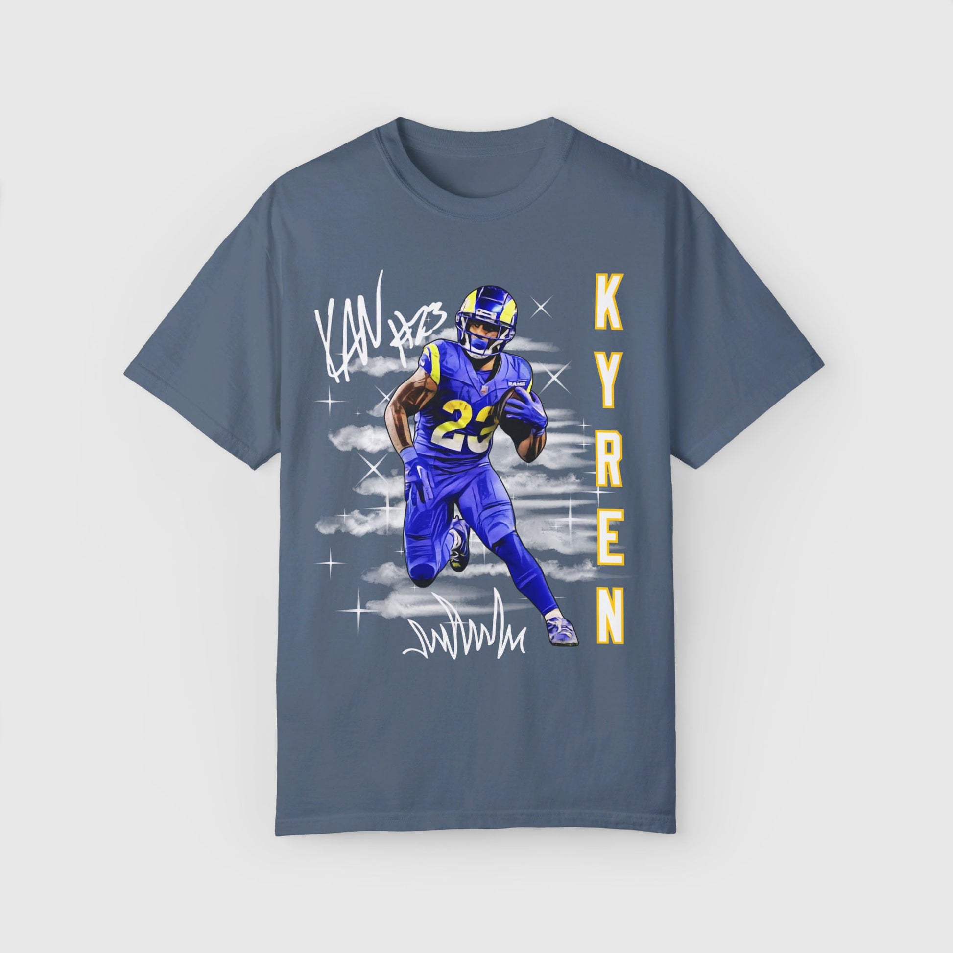 Kyren Williams Signature Ink Art Tee Product Pic Front Blue Jean