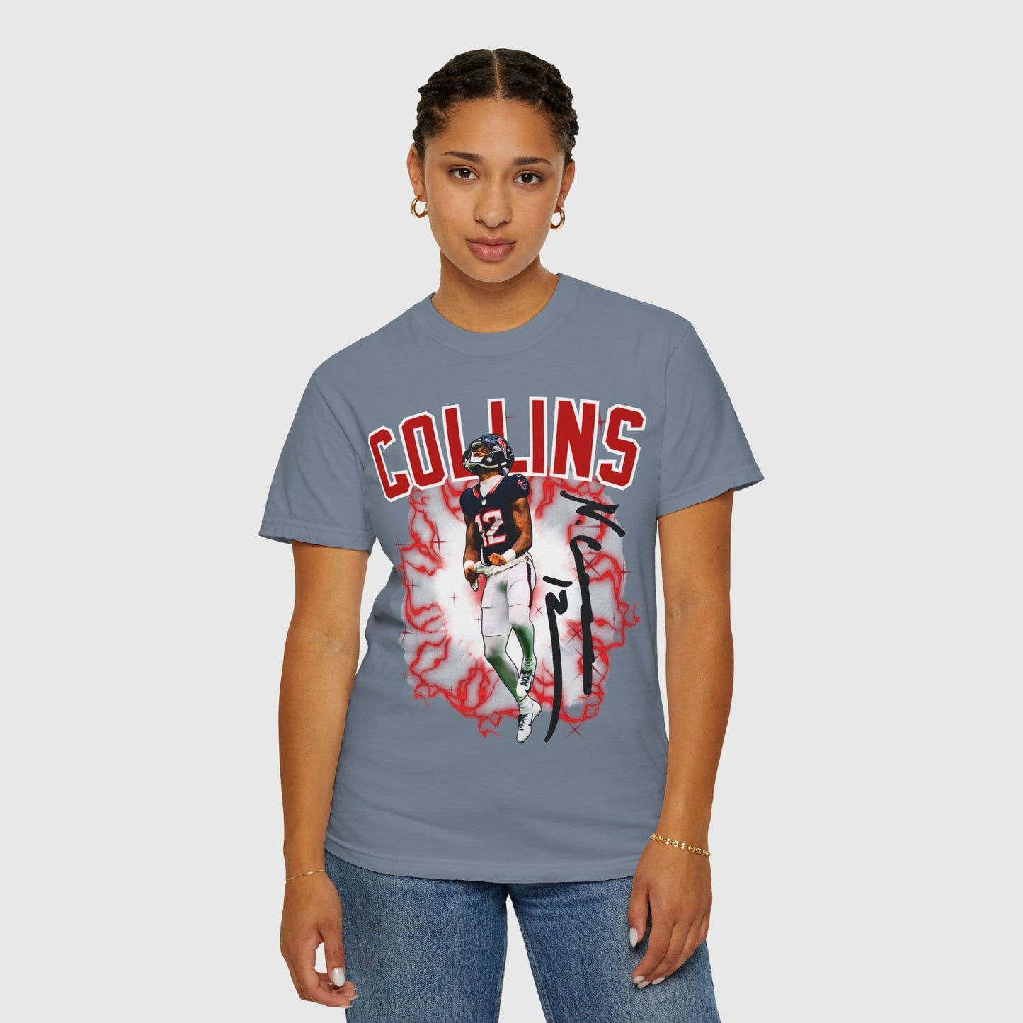 Nico Collins Texans Signature Tee Product Pic Blue Jean Female Model