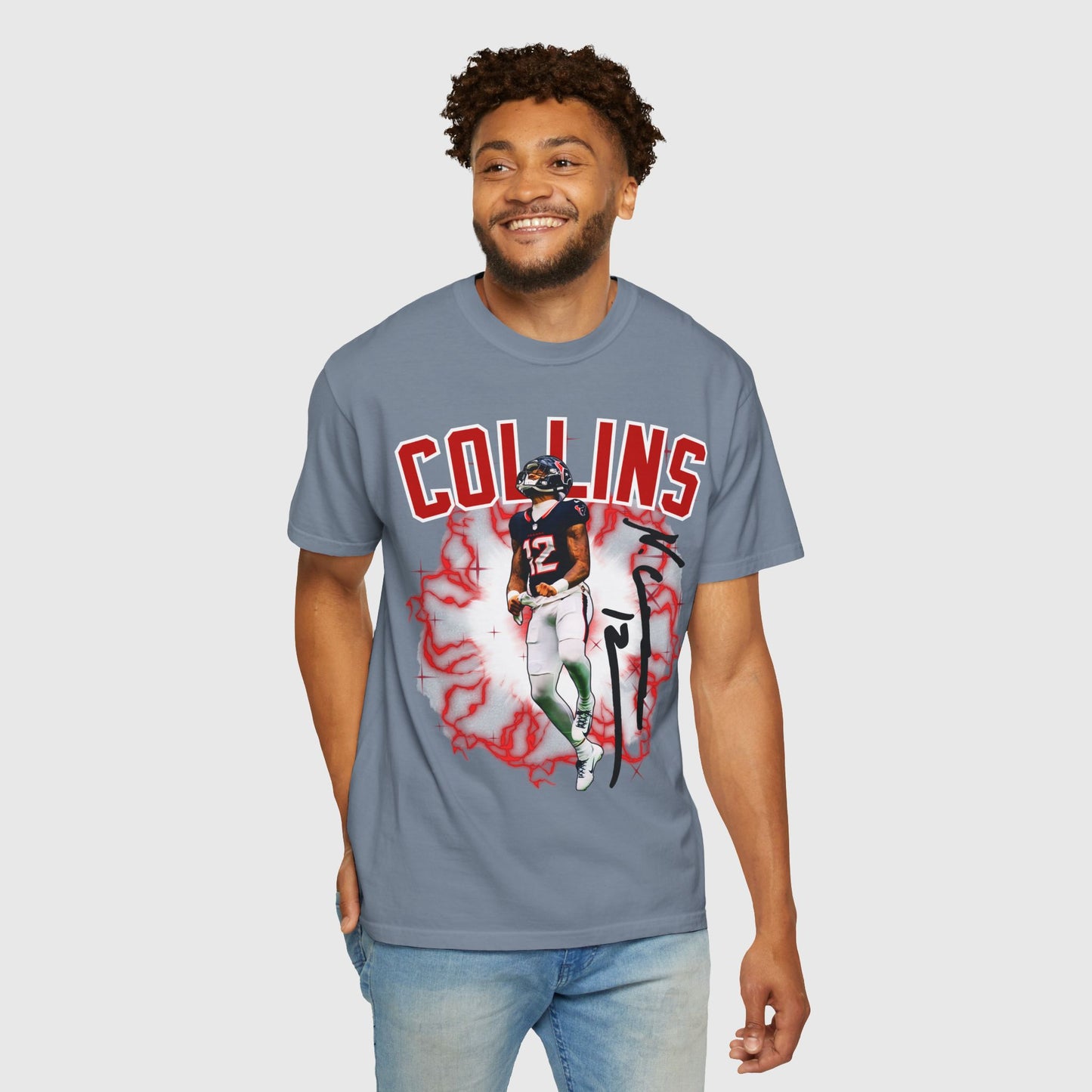 Nico Collins Texans Signature Tee Product Pic Blue Jean Male Model