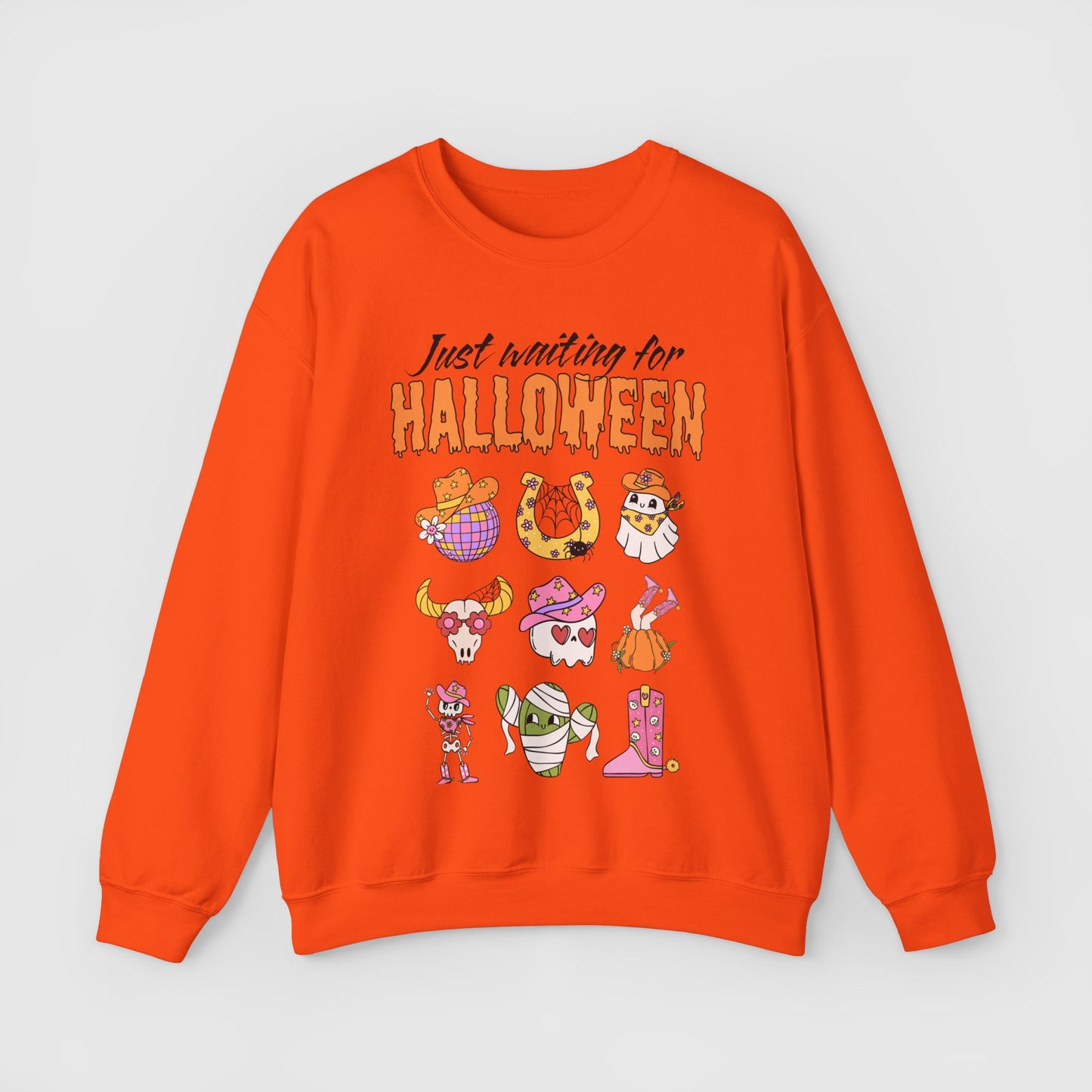 Waiting For Halloween Crewneck Product Pic Front Safety Orange