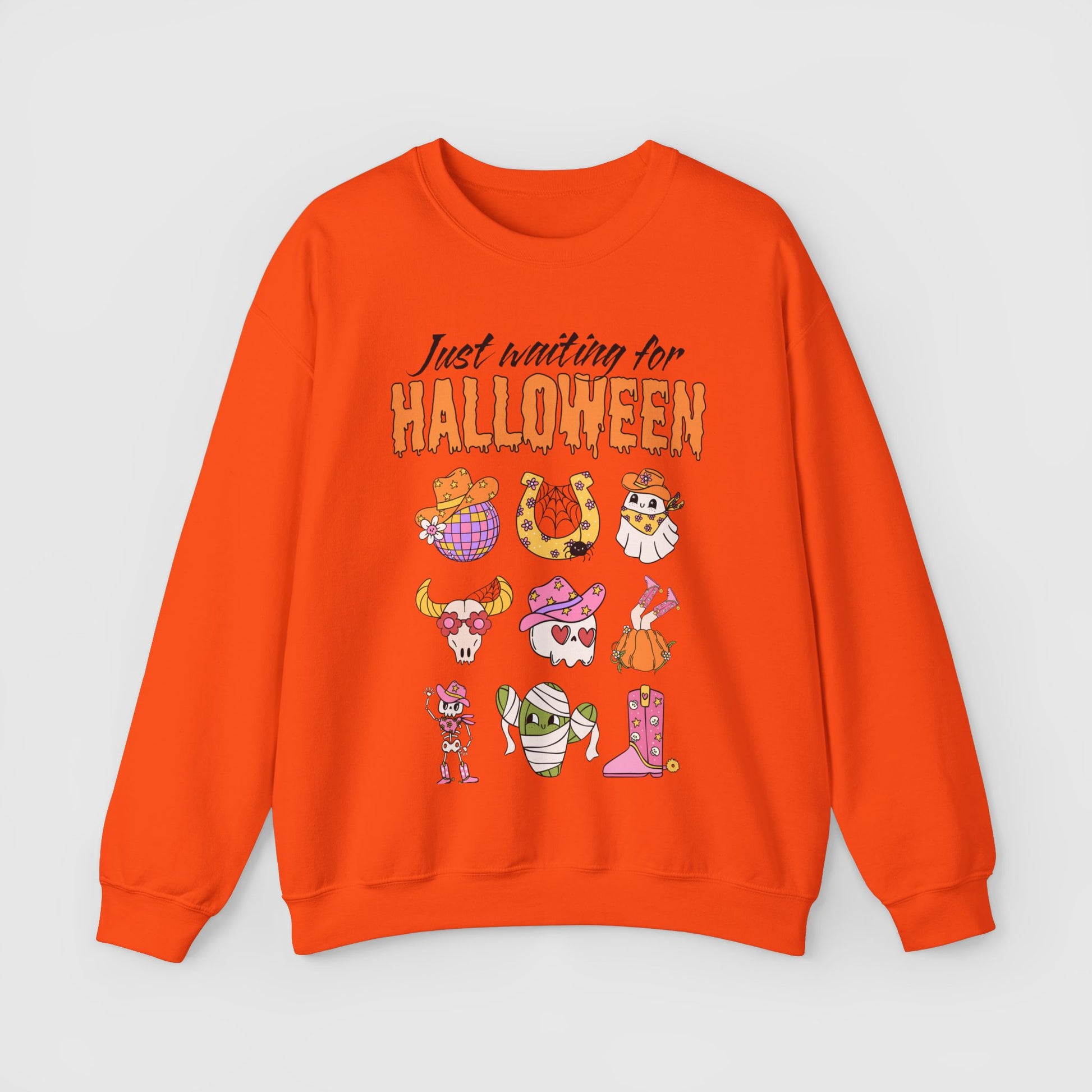 Waiting For Halloween Crewneck Product Pic Front Safety Orange