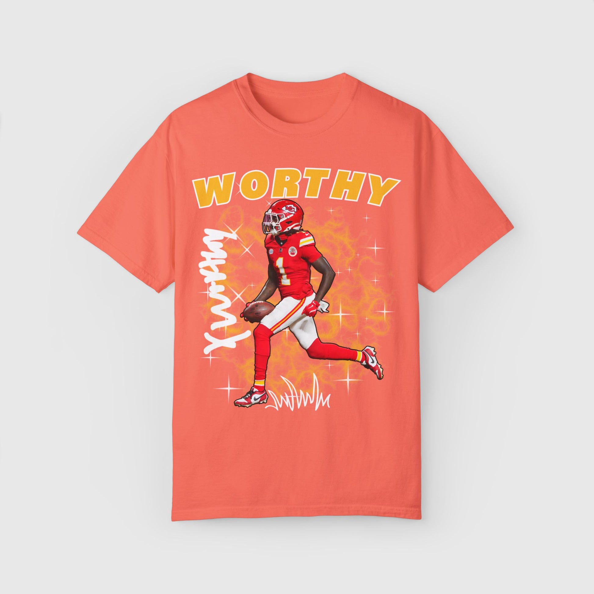 Xavier Worthy Signature Tee Product Pic Front Bright Salmon